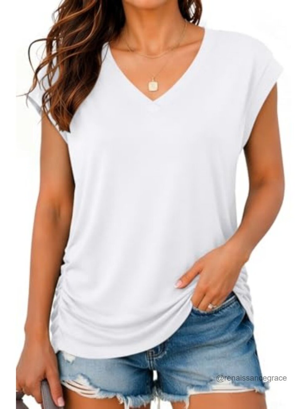 Womens V Neck Cap Sleeve T Shirt Pleated Casual Summer Top